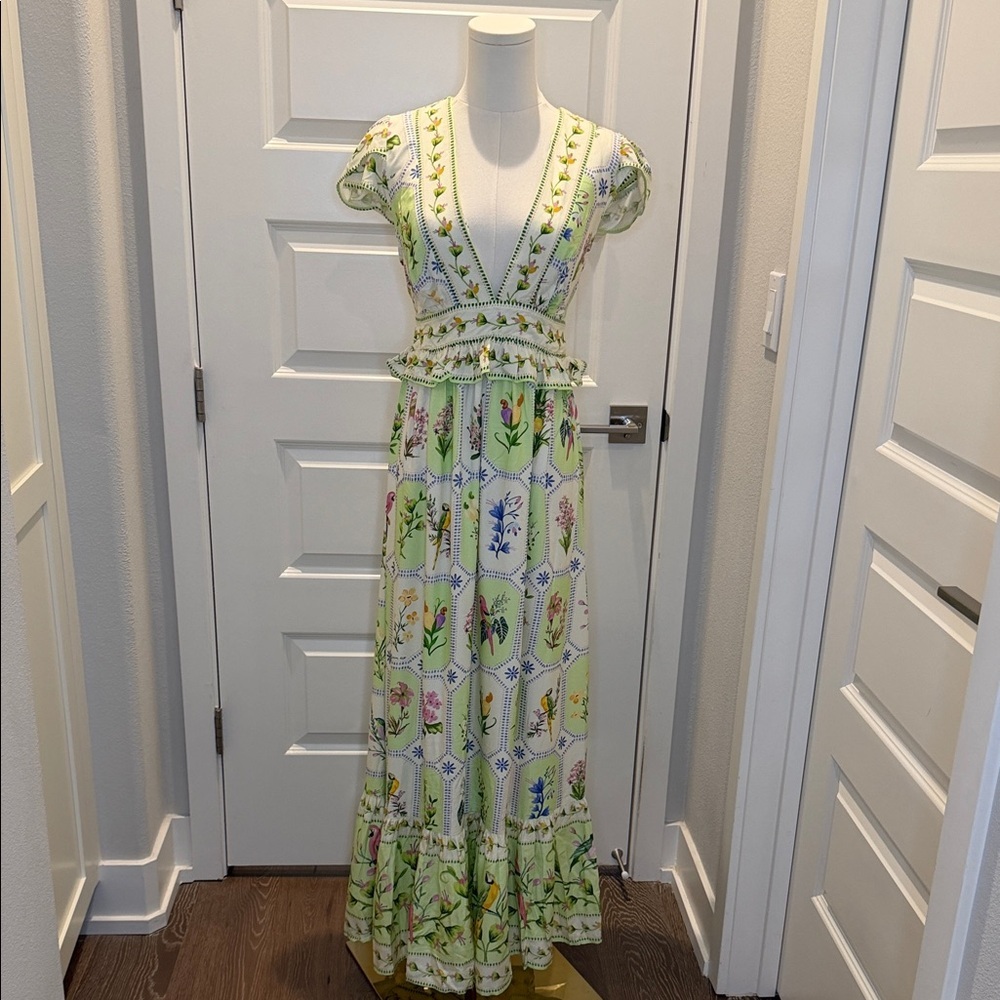 FARM Rio Floral Porcelain Green Long Dress Size S - Picture 3 of 11